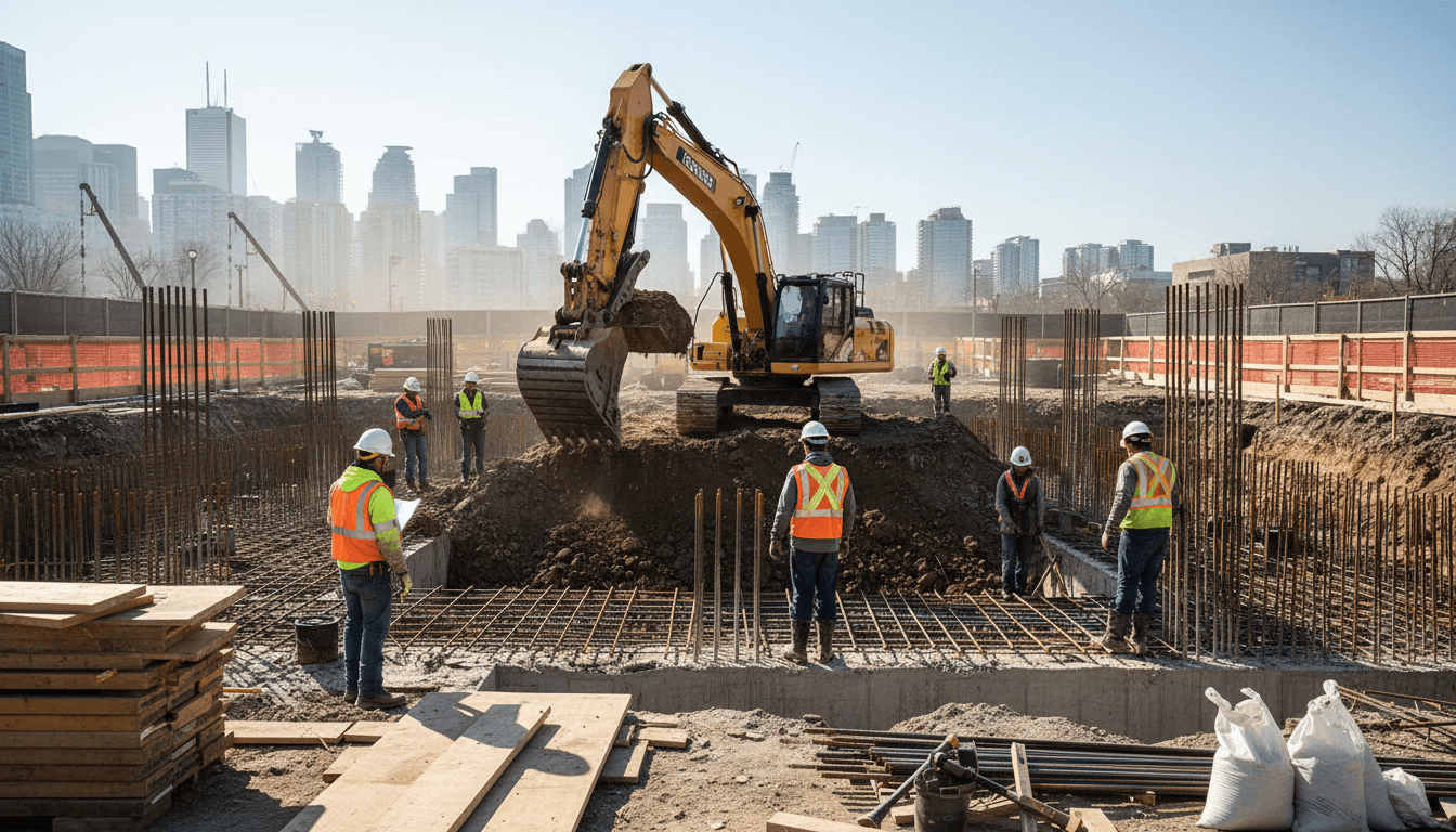 Excavator performing foundation work on a Toronto construction site