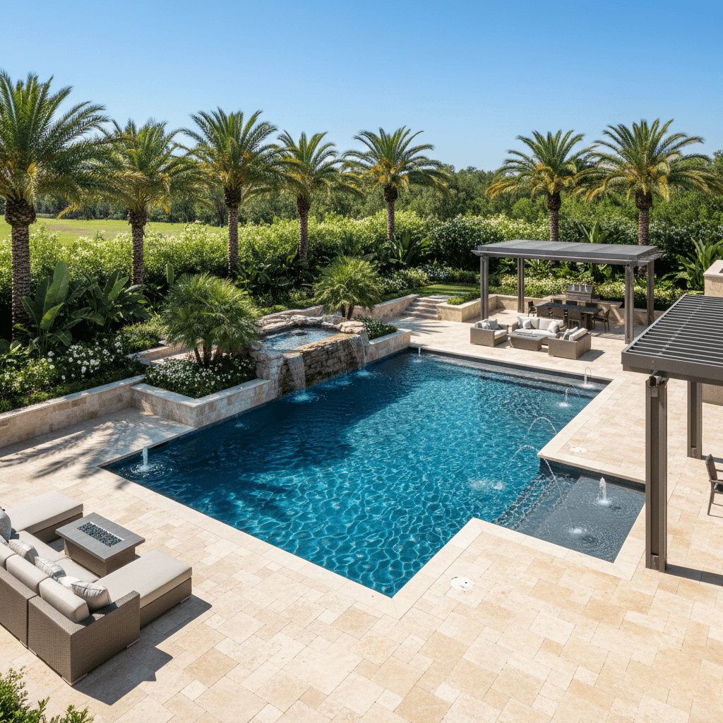 Luxury pool and landscaping backyard installation