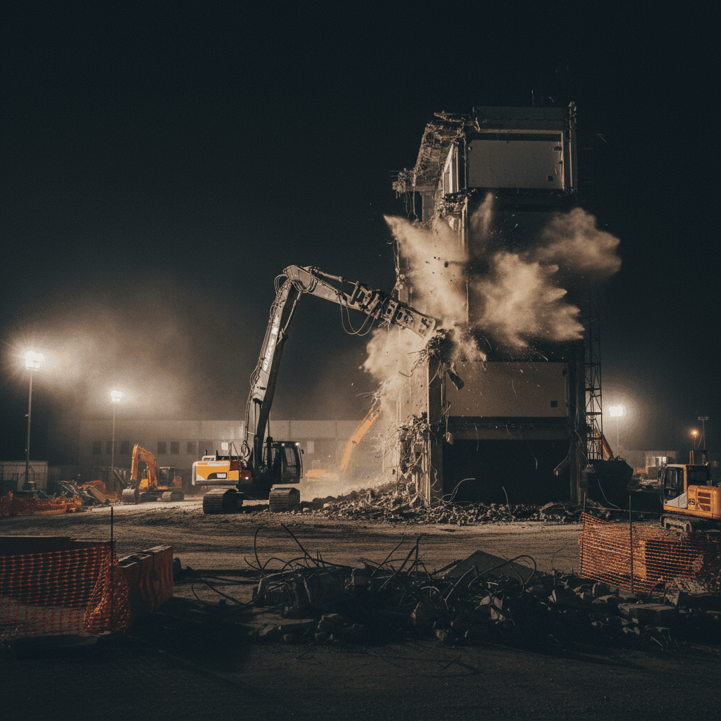 Demolition equipment breaking down concrete structure