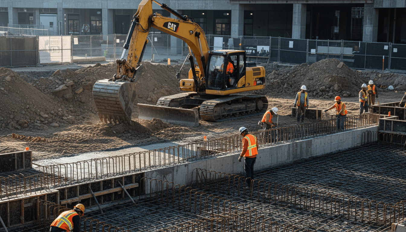 Active construction site with heavy machinery and foundation work