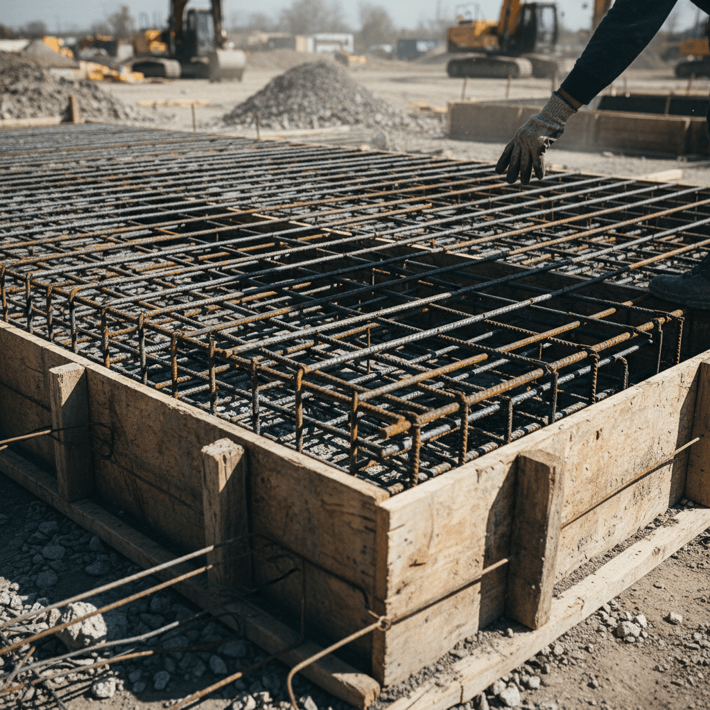 Foundation reinforcement steel and formwork setup