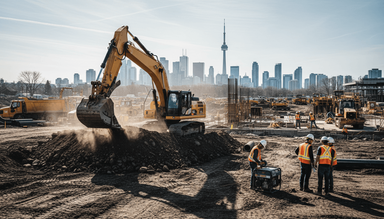 Heavy excavator operating on active construction site