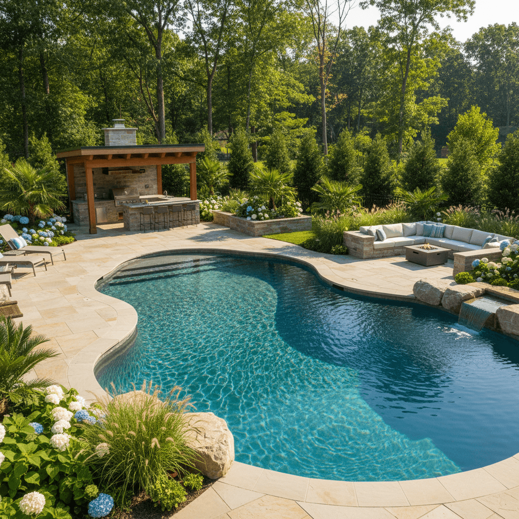 Luxury backyard with custom pool and landscaping